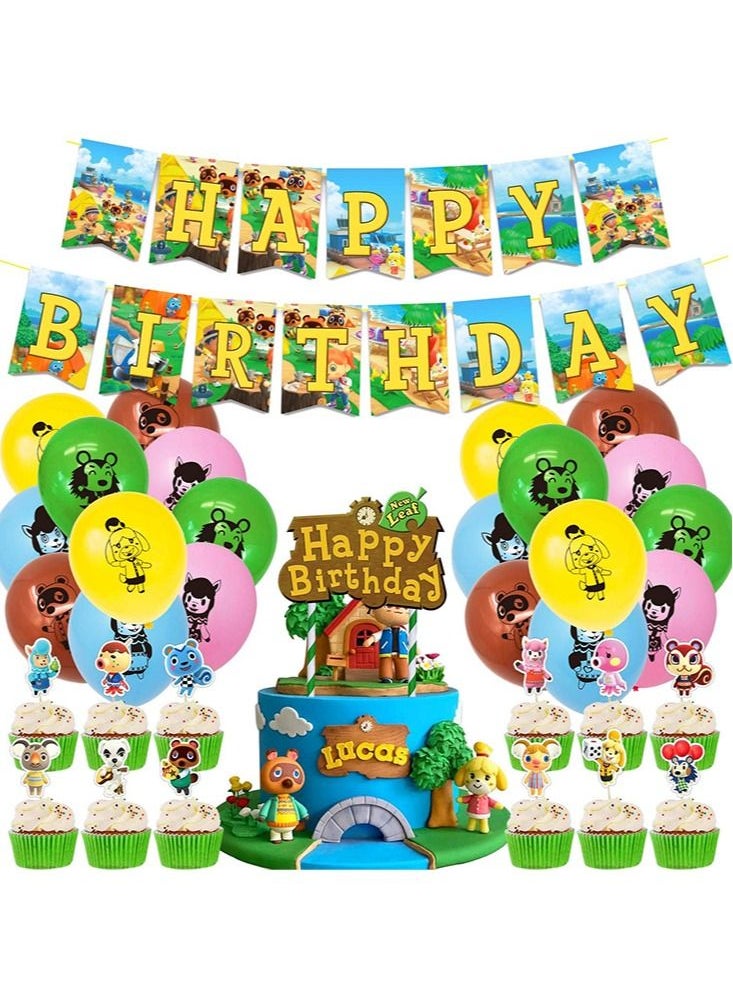 Perfii 46 Piece Animal Crossing Birthday Party Supplies Theme Party Decorations for Kids Includes 20 Balloons 1 Banner and 24 Muffin Cake Toppers with Forest Friends Club Birthday Party Decor  - Image 1