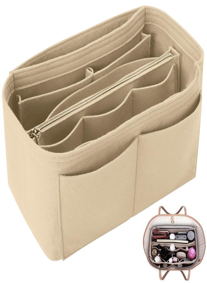 Wesoke Tote Bag Insert Organizer, Multi-Pocket Felt Handbag Organiser Inserts for Insert Wallet Organizer, Large Purse Organizer Inserts With Detachable Zipper Bag & Key Chain for Longchamp, Beige - Image 1