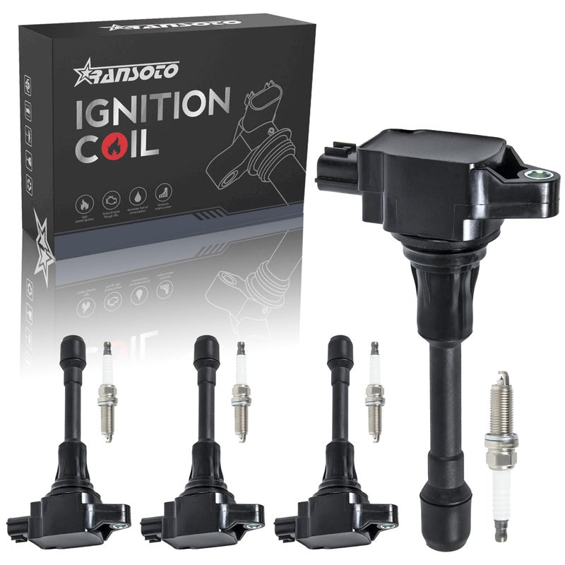 RANSOTO Ignition Coil Pack & Iridium Spark Plug Compatible with Nissan Altima Rogue Sentra Cube Versa NV200 1.6L 1.8L 2.0L 2.5L 2007-2019 Replaces UF549 9029 Set Of 4 - Image 1