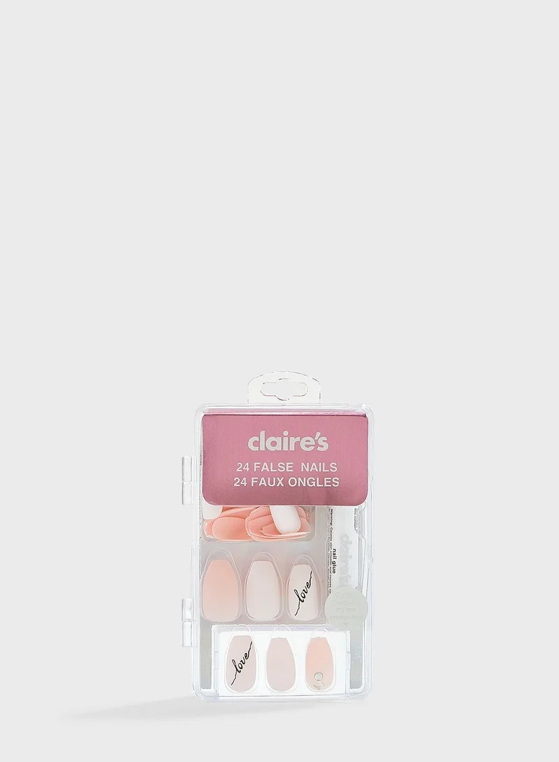 Claires Bling Love Script Coffin Faux Nail Set - Nude, 24 Pack