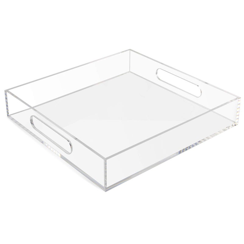 Tasybox Acrylic Serving Tray Clear Decorative Serving Trays with Handles for Kitchen Dining Room Table Ottoman Vanity Countertop 12 x 12