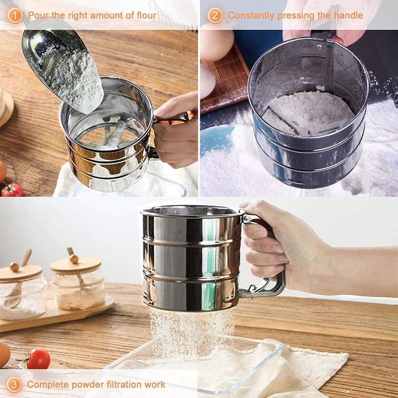 DORLANK Stainless Steel Flour Sifter Hand Press Design Large Capacity Mesh Strainer for Baking - Image 3