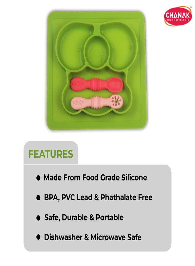 Chanak Square Baby Food Tray, Silicon Food Plate with Multiple Compartments & Two Spoons, Silicone Plate for Feeding Baby, Easy to Clean Silicon Plate Microwave & Dishwasher Safe. (Light Green) - Image 2