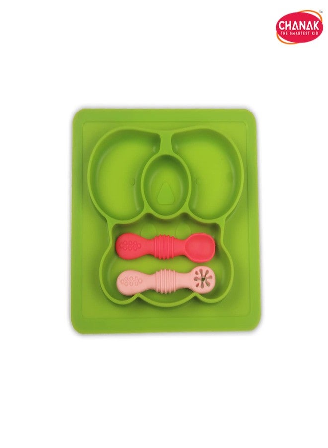 Chanak Square Baby Food Tray, Silicon Food Plate with Multiple Compartments & Two Spoons, Silicone Plate for Feeding Baby, Easy to Clean Silicon Plate Microwave & Dishwasher Safe. (Light Green) - Image 3