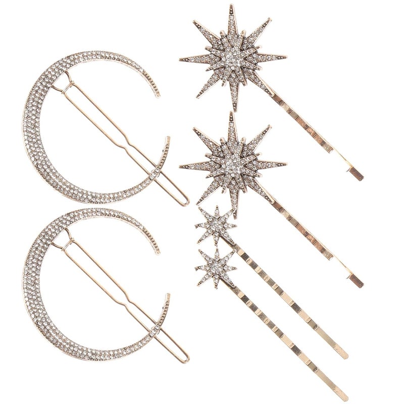 Beaupretty Stars and Moon Hair Accessories 6 Pieces Rhinestone Metal Alloy Hair Clips Hairpins for Women Girls Gold