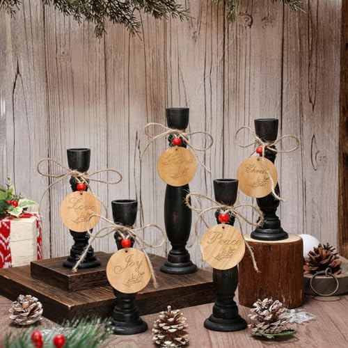 Cinnvoice 5 Set Christmas Candle Holders Christian Gift Rustic Wood 8267with Peace Love Hope Joy Tags Table Centerpiece Candles Holder Xmas Farmhouse Rustic Candlestick Holder for Christmas Decor - Image 1