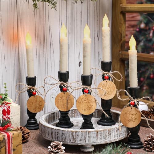 Cinnvoice 5 Set Christmas Candle Holders Christian Gift Rustic Wood 8267with Peace Love Hope Joy Tags Table Centerpiece Candles Holder Xmas Farmhouse Rustic Candlestick Holder for Christmas Decor - Image 3