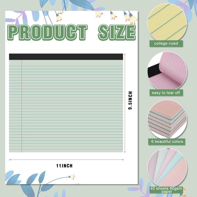 Lincia 6 Pcs 11" x 9.5" Legal Pads College Ruled Notepad Landscape Notebook Horizontal Lined Notebook 80 Gsm Assorted Colors Paper Pastel Writing Pads for School Office, 40 Sheet (Boho Color) - Image 2