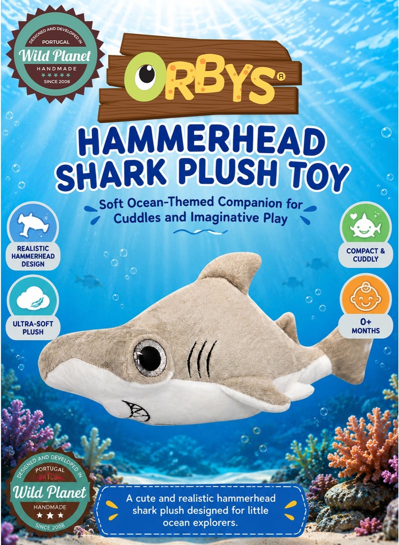 Wild Planet ORBYS Hammerhead Shark Plush Toy, Soft Grey and White Ocean Stuffed Animal with Distinctive Hammer-Shaped Head, Large Glossy Character Eye, Embroidered Gill Lines and Mouth Detail, Compact 18 × 10 × 15 cm Marine-Life Companion for Cuddling, Imaginative Play, Storytelling, Display and Gifting, Suitable from 0+ Months - Image 1
