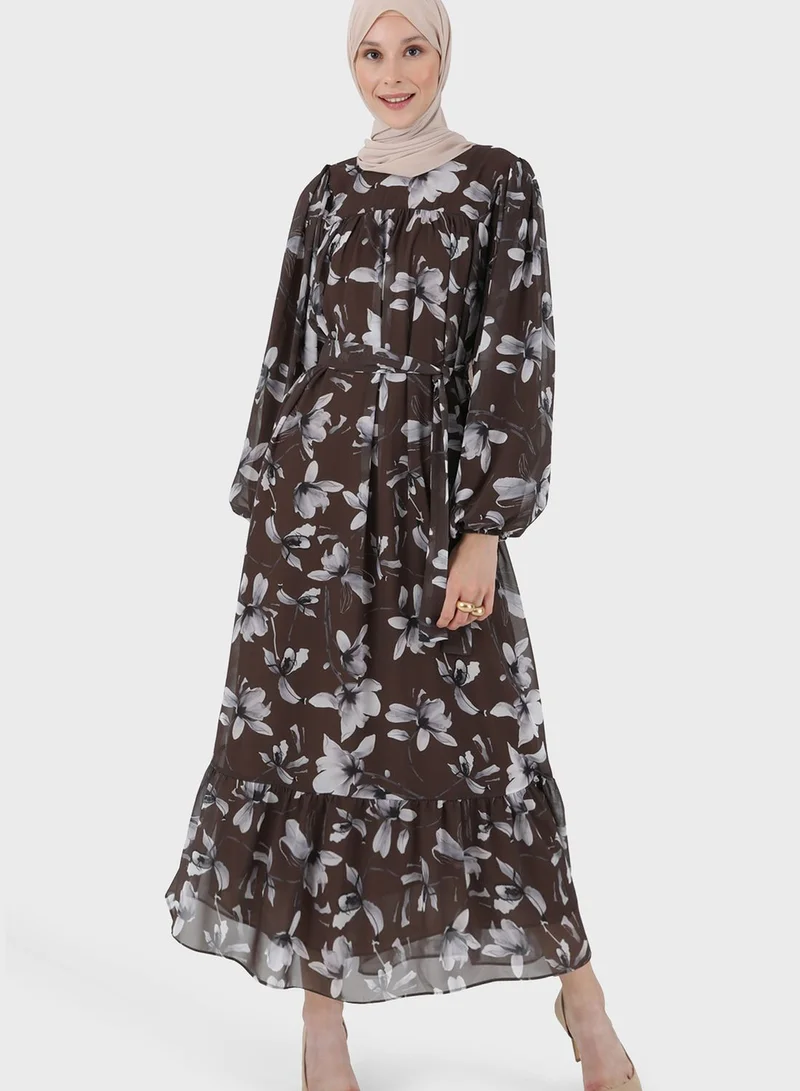 Refka by modanisa Balloon Sleeve Floral Printed Dress