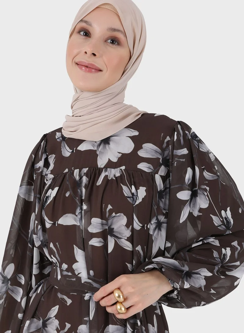 Refka by modanisa Balloon Sleeve Floral Printed Dress