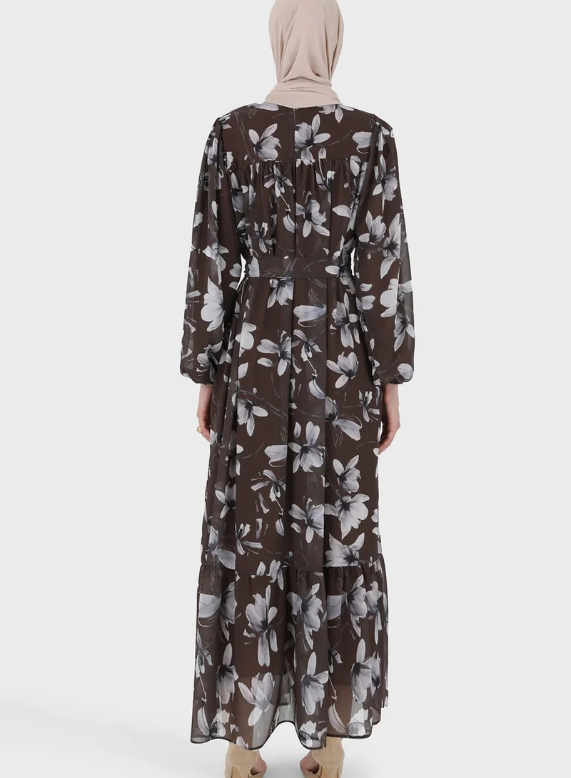 Refka by modanisa Balloon Sleeve Floral Printed Dress