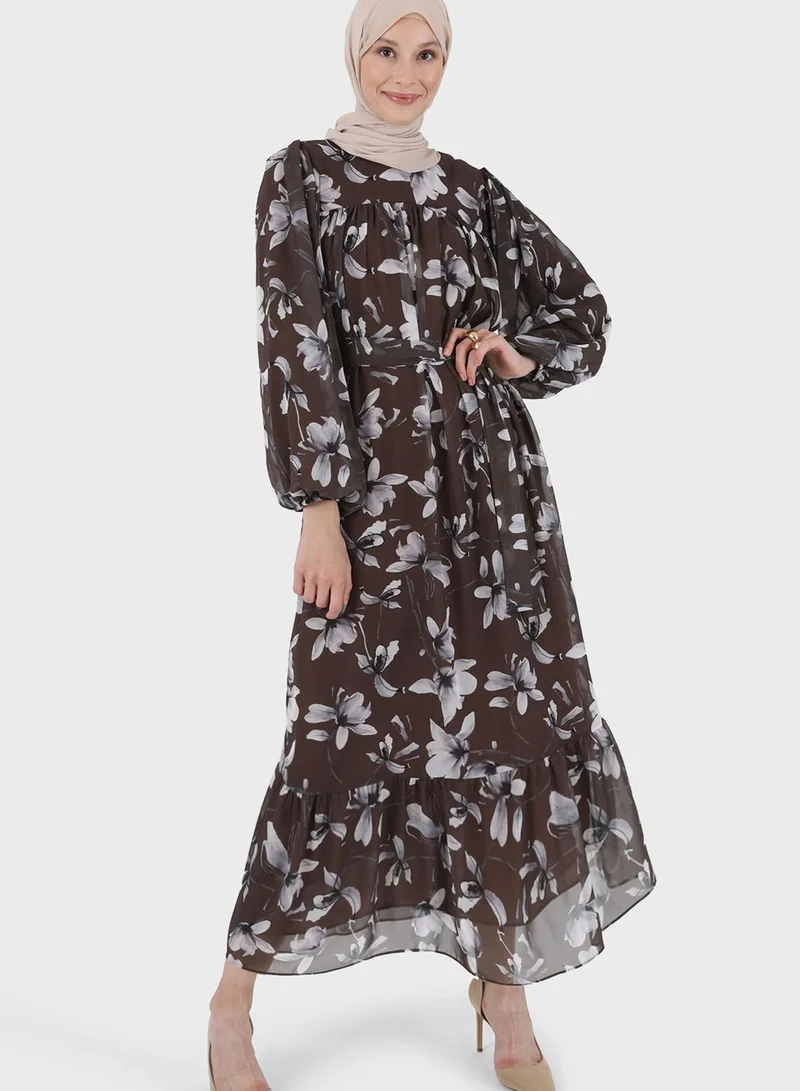 Refka by modanisa Balloon Sleeve Floral Printed Dress