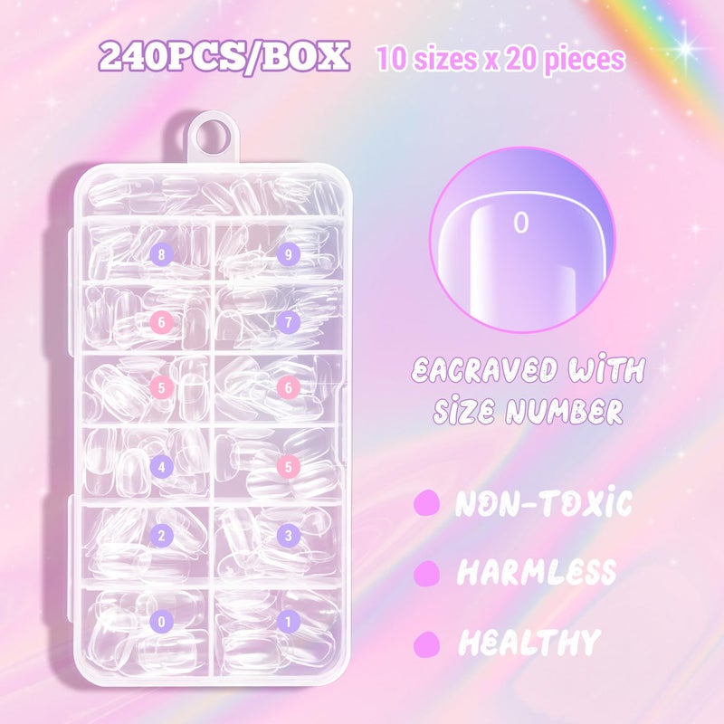 krofaue Kids Fake Nails - Short Oval Clear Nail Tips 240pcs Kids Press On Nails for Little Girls Full Cover Children Fake Nails Decoration 10 Sizes Acrylic Soft Gel Nail Tips (9-12 years old) - Image 3