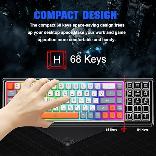 Snpurdiri 60% Percent Gaming Keyboard, Ergonomic Compact RGB Backlit Small Gaming Keyboard for Windows, PC, Laptop (68 Keys, White-Grey-Orange) - Image 2