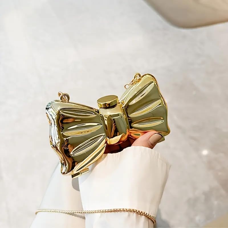 DOSYSO Women and Girls Bow Clutch Purse Metallic Acrylic Evening Handbag Crossbody Sling Bags with Detachable Chain Strap Glossy Stylish Latest Small Size Cute Wallet for Party Wedding Gift (Golden) - Image 3