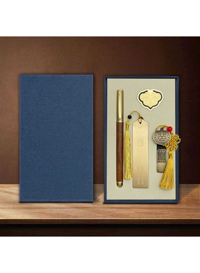 Ruyi U Disk 16g Suit Custom Logo Brass Hollow Ploughing Bookmark Sandalwood Sign Pen School Corporate Gifts-Color:(ruyi + Book Clip) Blue Gift Box-Capacity:USB3.0/16GB  - Image 1