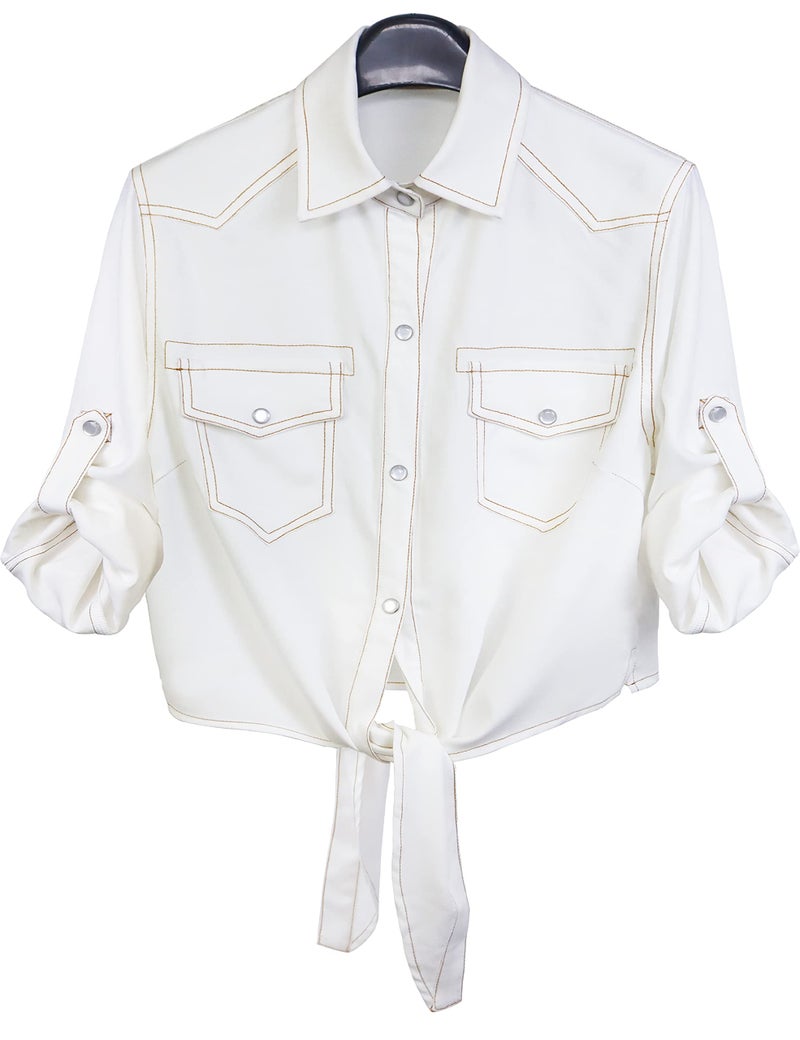 Omoone Women's 3/4 Sleeve Modern Denim Crop Top Tie Knot Shirt Cardigan(0774-White-M) - Image 1