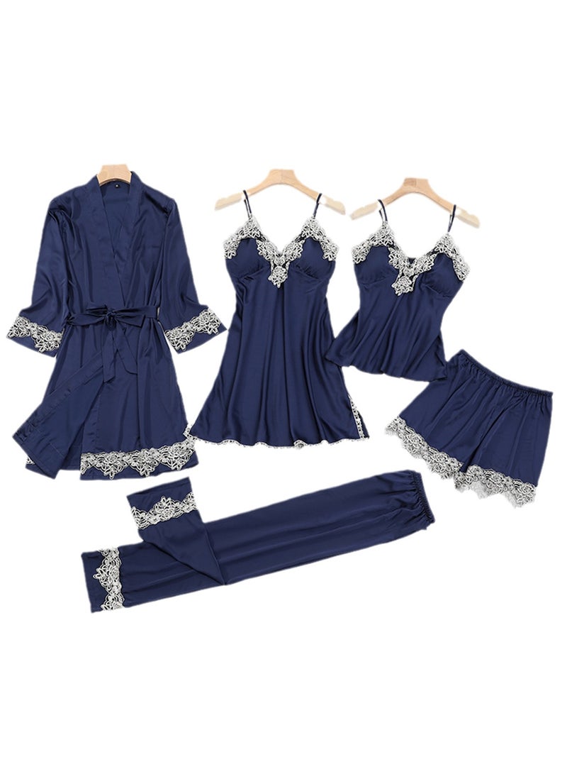 5pcs Ice Silk Pajamas Thin Lace Suspender Long Sleeve Pajama Set  - Image 1