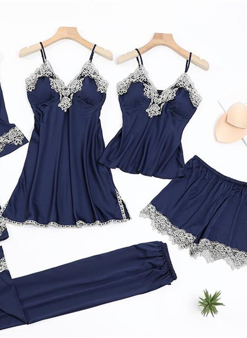 5pcs Ice Silk Pajamas Thin Lace Suspender Long Sleeve Pajama Set  - Image 4