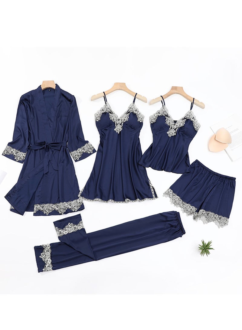 5pcs Ice Silk Pajamas Thin Lace Suspender Long Sleeve Pajama Set  - Image 2