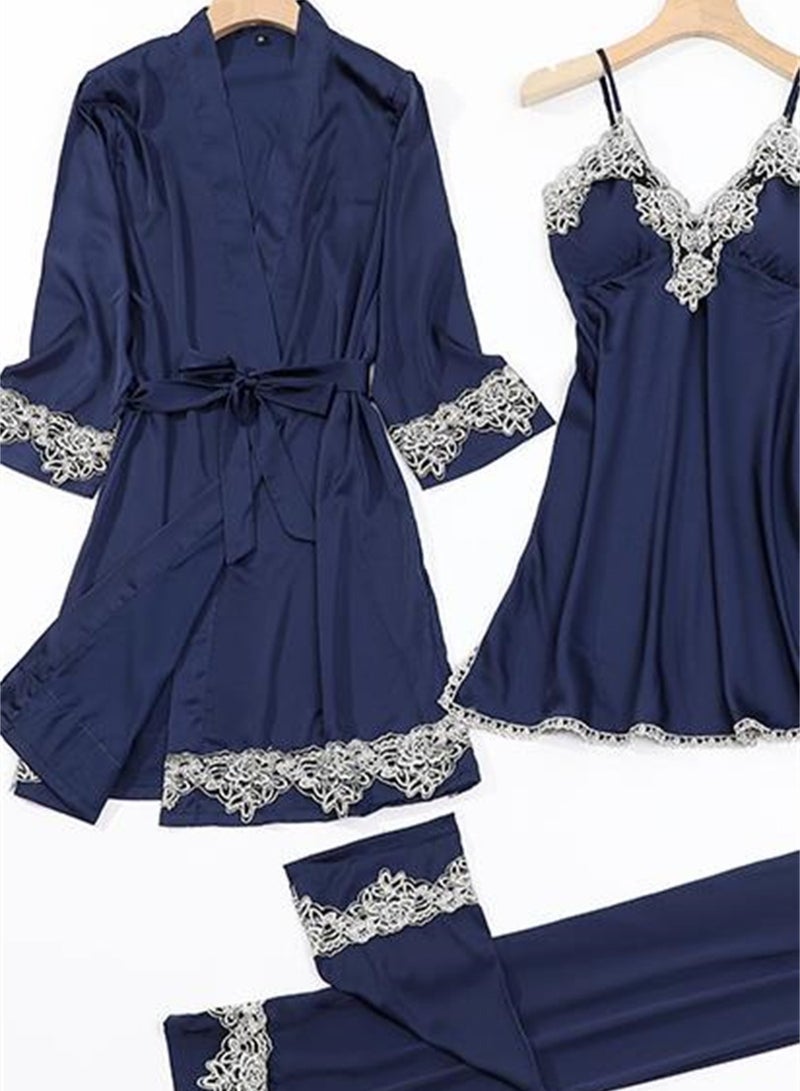 5pcs Ice Silk Pajamas Thin Lace Suspender Long Sleeve Pajama Set  - Image 3
