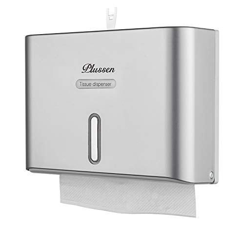 PLUSSEN Paper Towel Dispenser Wall Mount, Adhesive No Drilling Multifold Trifold C Fold Commercial Hand Towel Dispenser,Silver - Image 1