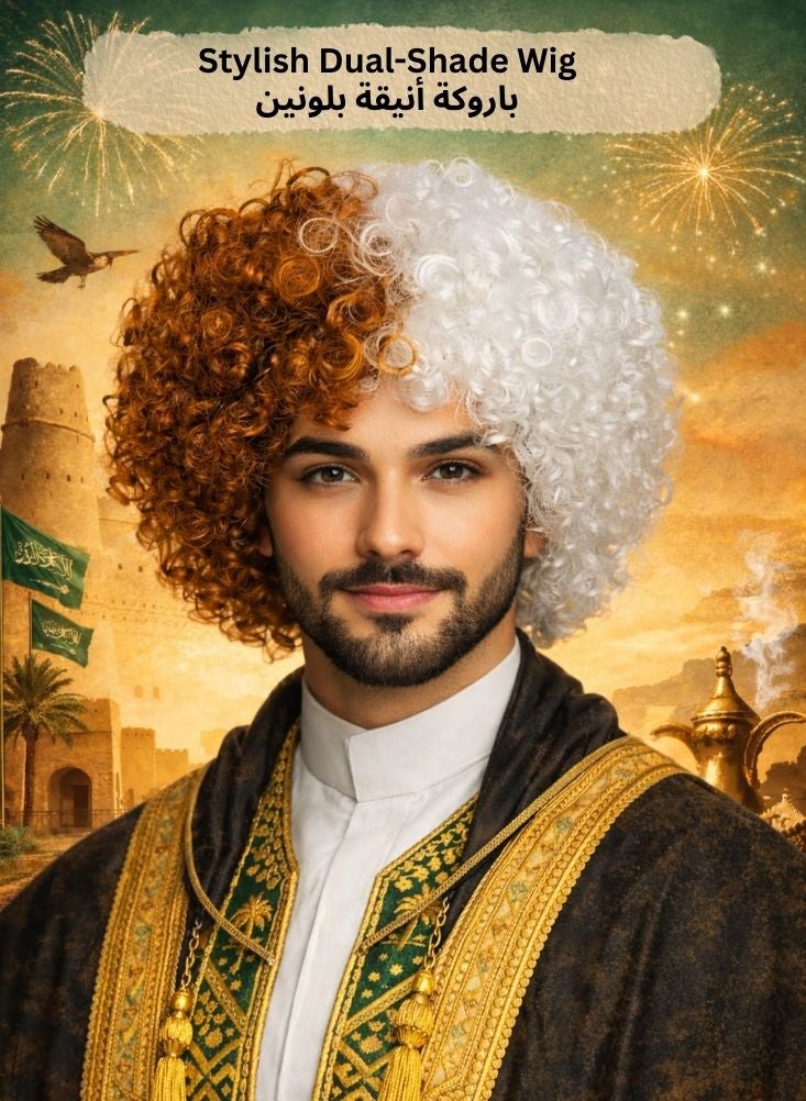بريميم طقم شعر مستعار مجعد للاحتفال باليوم الوطني السعودي - قطعة شعر بيضاء وبنية اللون مزينة بعلم، مناسبة للاحتفالات والمسيرات والفعاليات ذات الطابع الخاص. - Image 3