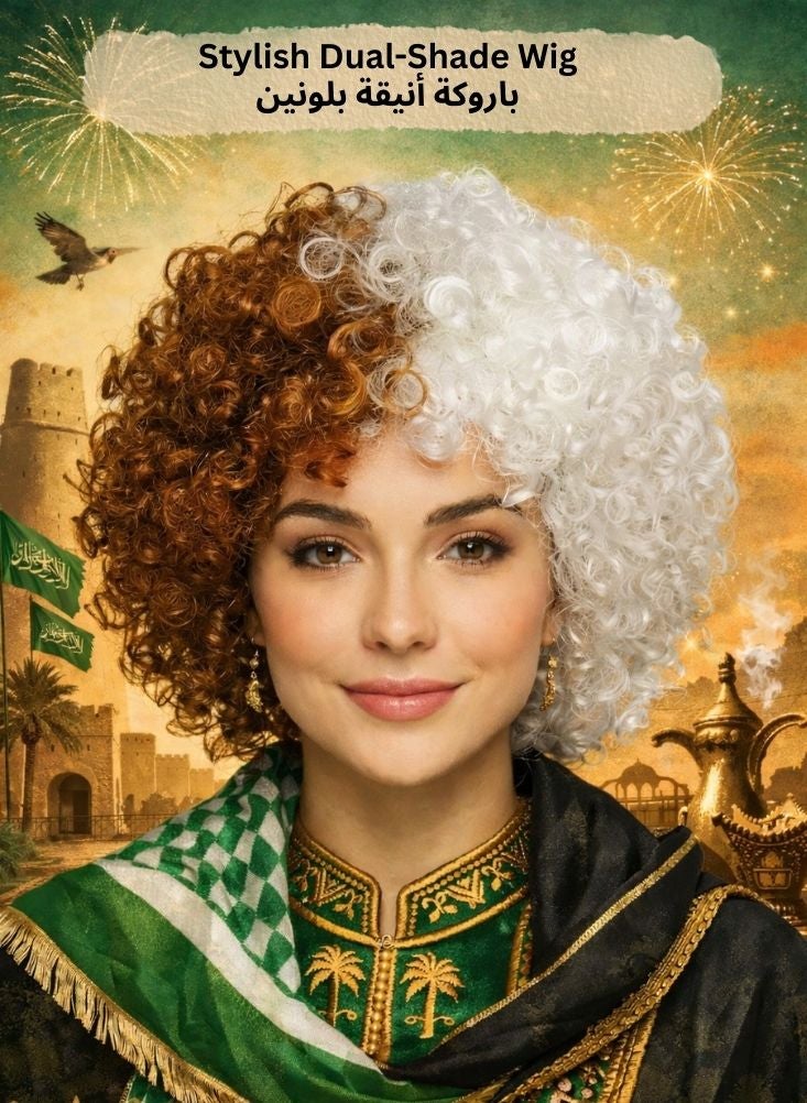 بريميم طقم شعر مستعار مجعد للاحتفال باليوم الوطني السعودي - قطعة شعر بيضاء وبنية اللون مزينة بعلم، مناسبة للاحتفالات والمسيرات والفعاليات ذات الطابع الخاص. - Image 2