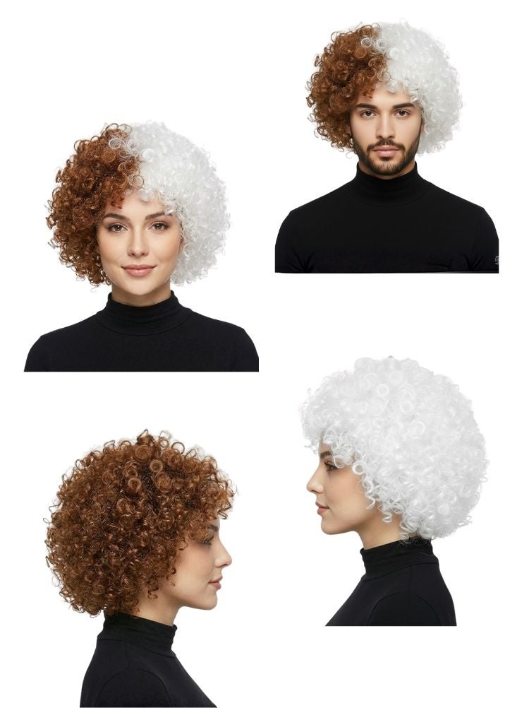 بريميم طقم شعر مستعار مجعد للاحتفال باليوم الوطني السعودي - قطعة شعر بيضاء وبنية اللون مزينة بعلم، مناسبة للاحتفالات والمسيرات والفعاليات ذات الطابع الخاص. - Image 4