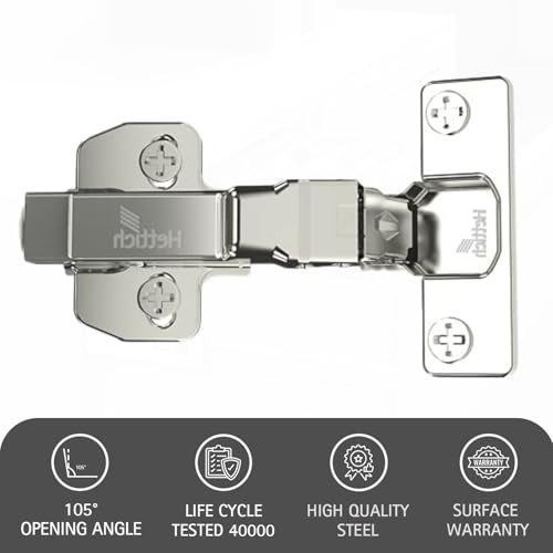 Hettich Sensys 8631i Soft Close 16 Crank Thick Door Hinge with Mounting Plate | Nickel Plated | 95° Opening for 15-32mm Overlay Doors | Screw-On | 1 Year Surface Warranty | Pack of 1 (2 Hinges) - Image 3