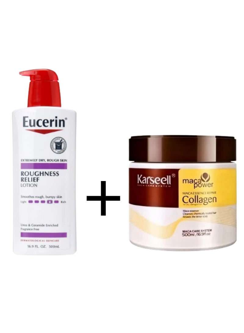 Eucerin لوسيون تخفيف الخشونة - لوسيون للجسم بالكامل للبشرة الجافة والخشنة للغاية - زجاجة مضخة بيضاء 500 مل + علاج الشعر بالكولاجين ترميم عميق بلسم زيت الأركان قناع شعر بالكولاجين للشعر الجاف التالف لجميع أنواع الشعر 500 مل - Image 1