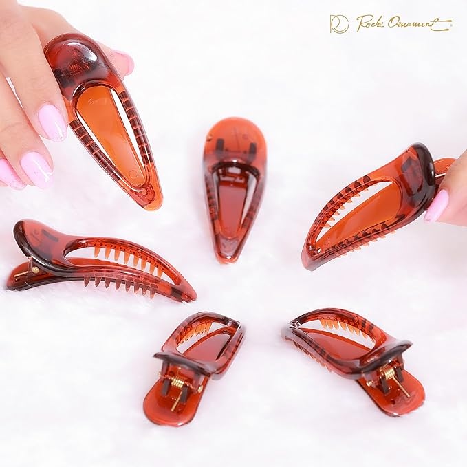 RC ROCHE ORNAMENT 6 Pcs Womens Classic Side Slide Jaw Flat No Slip Opening Eyelet Inner Teeth Alligator Hair Clip Barrette Beauty Accessory Premium Plastic Clamp Clips Small Brown