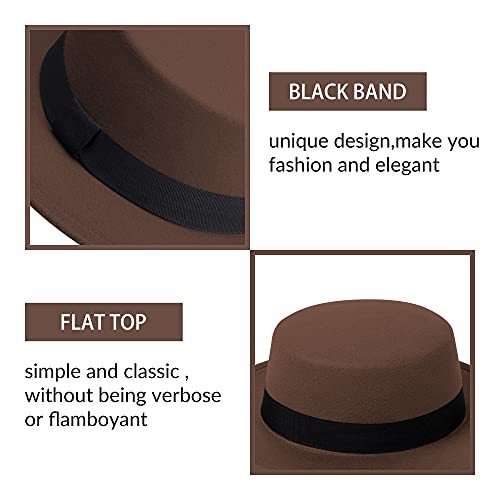 JINGSHA Classic Fedora Hat Flat Top Hat Felt Pork Pie Hat Wide Brim Church Derby Cap for Women and Men Coffee - Image 3