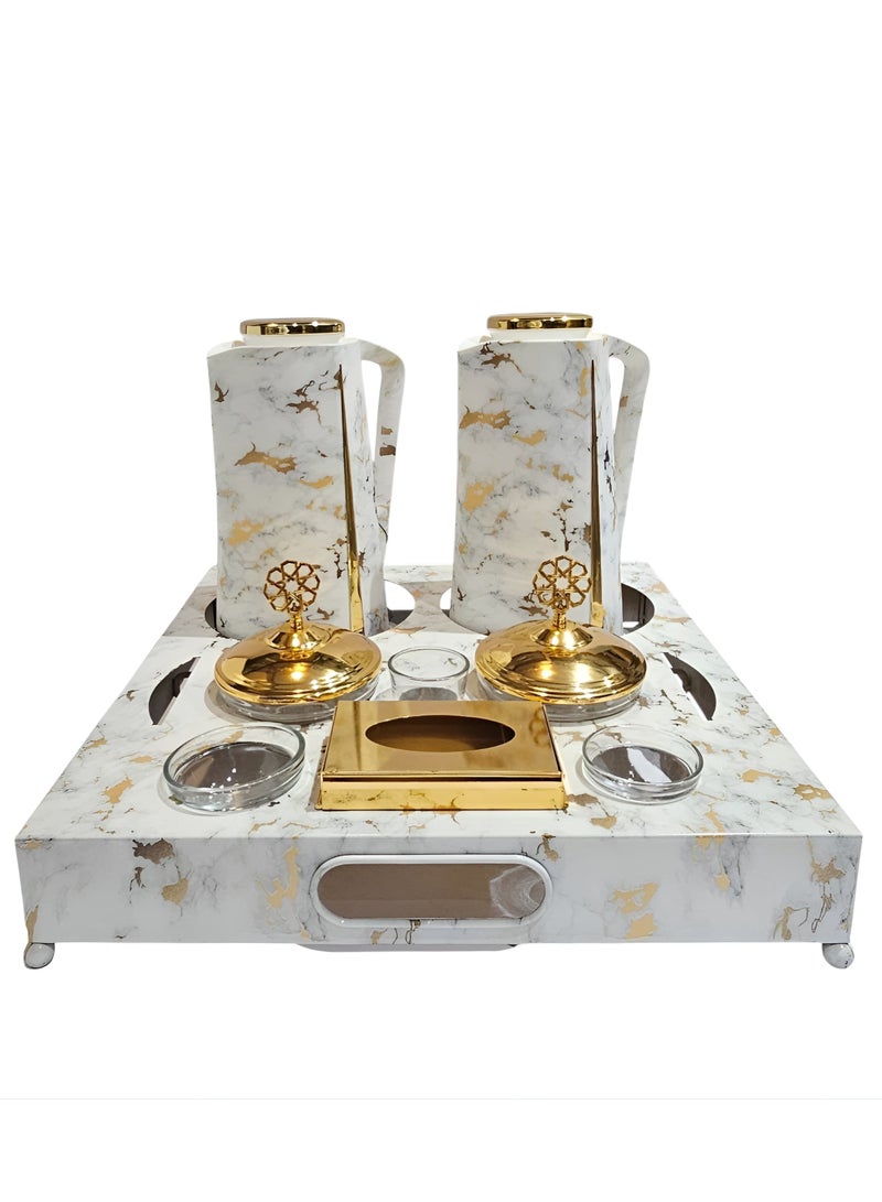 طقم شيال ترامس رخامي+ذهبي اضافة الى 2 ترامس الشاي والقهوة١+١ لتر، بالإضافة إلى تمريتين، و3 أوعية زجاجية، وعلبة مناديل ذهبية صغير - Image 1