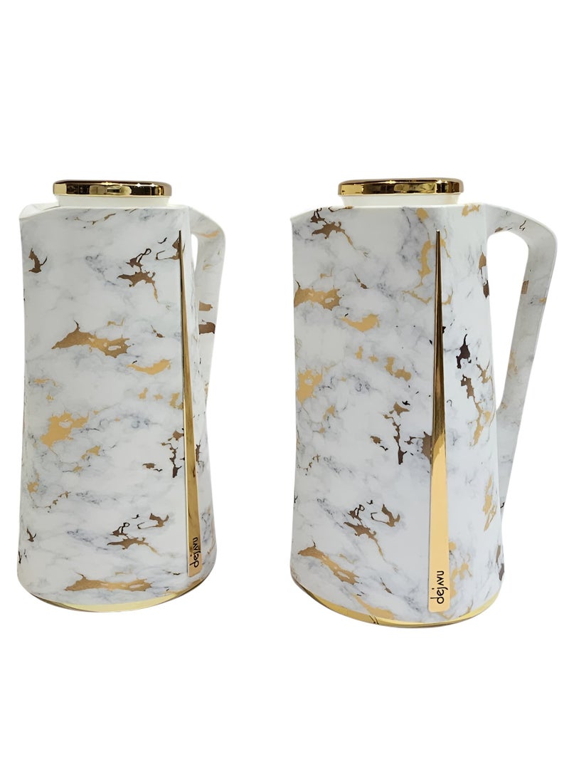 طقم شيال ترامس رخامي+ذهبي اضافة الى 2 ترامس الشاي والقهوة١+١ لتر، بالإضافة إلى تمريتين، و3 أوعية زجاجية، وعلبة مناديل ذهبية صغير - Image 2