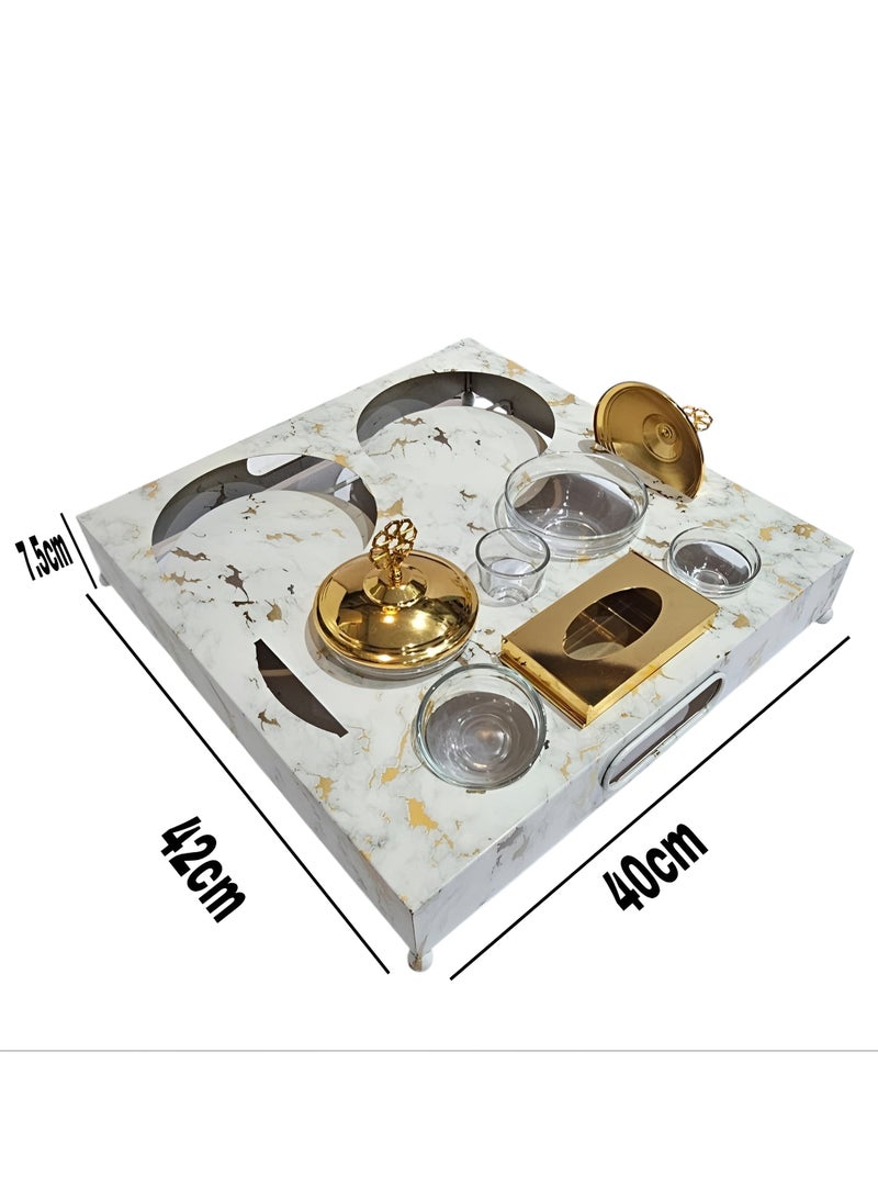 طقم شيال ترامس رخامي+ذهبي اضافة الى 2 ترامس الشاي والقهوة١+١ لتر، بالإضافة إلى تمريتين، و3 أوعية زجاجية، وعلبة مناديل ذهبية صغير - Image 4