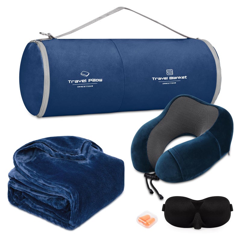 urnexttour Travel Pillow and Blanket Set Neck Pillows Travel Essentials with Sleep Mask for Airplane Car Memory Foam Blue