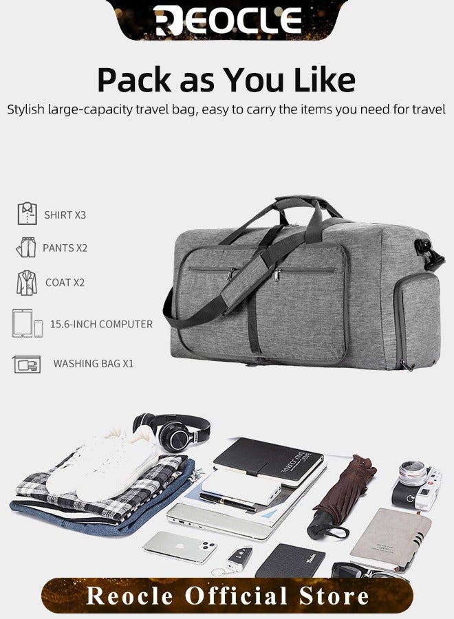 REOCLE Sports Gym Bag Foldable Travel Duffle Bag with Shoes Compartment 65L Waterproof Training Sport Holdall Travel Overnight Weekend Bag for Men and Women - Image 3