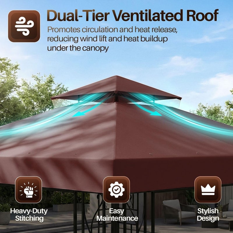 Flexzion Gazebo Cover Replacement Canopy Top 8x8 Ft (2.4m x 2.4m) - Double Tier Top Canopy Cover Replacement with UV30+, Dirt, Water Resistant for Outdoor, Sunshade, Garden, Patio, Pavilion (Brown) - Image 5