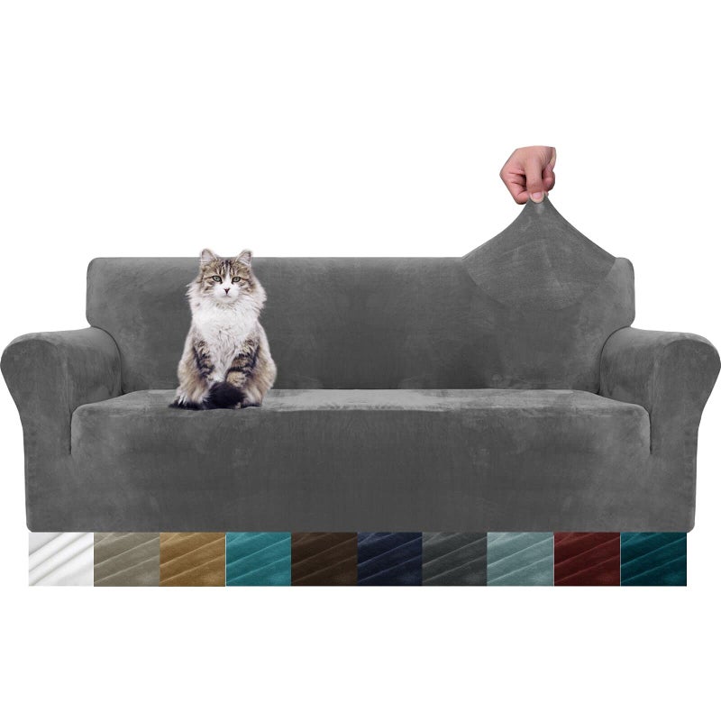 MAXIJIN Thick Velvet Sofa Covers 3 Seater Super Stretch Couch Cover for Dogs Cat Pet Friendly 1Piece Elastic Furniture Protector Plush Sofa Slipcovers 3 Seater Grey