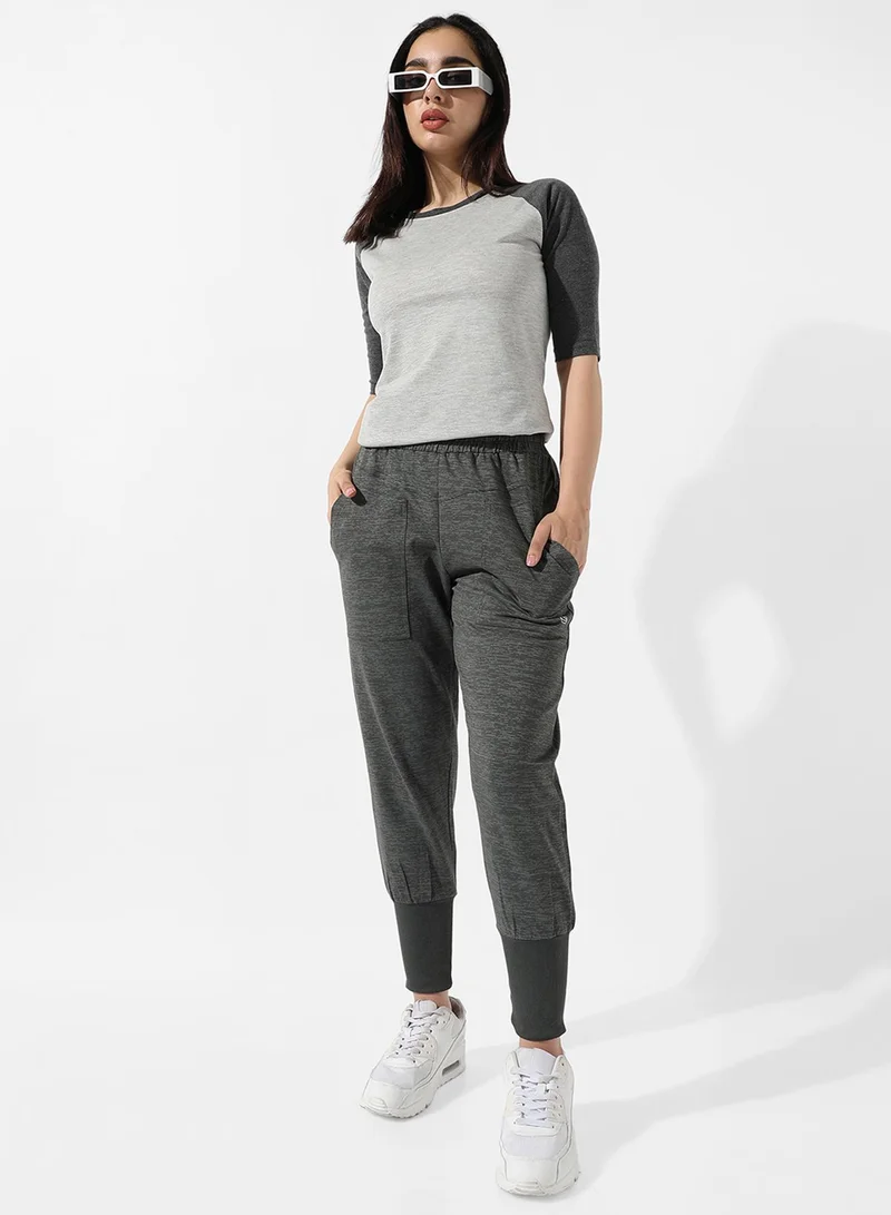 Campus Sutra Campus Sutra Women's Grey Raglan Sleeve Top For Casual Wear | Crew Neck | Short Sleeve | Poly Cotton Top Crafted With Regular Sleeve & Comfort Fit For Everyday Wear