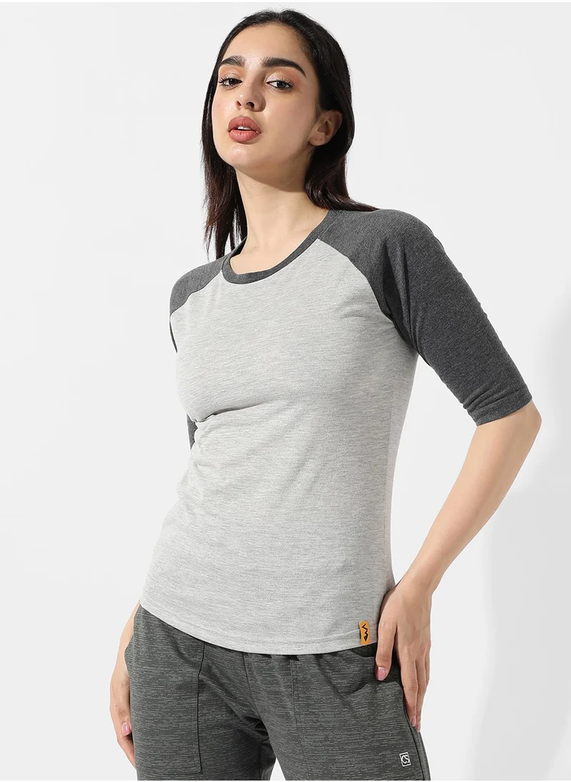 Campus Sutra Campus Sutra Women's Grey Raglan Sleeve Top For Casual Wear | Crew Neck | Short Sleeve | Poly Cotton Top Crafted With Regular Sleeve & Comfort Fit For Everyday Wear