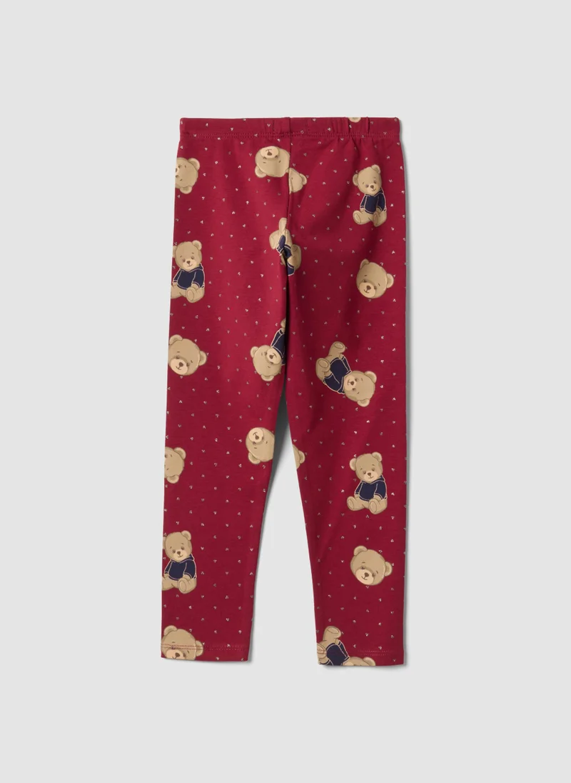 Ovs OVS Red Organic Stretch Cotton Leggings With Teddy Bear Print For Girls