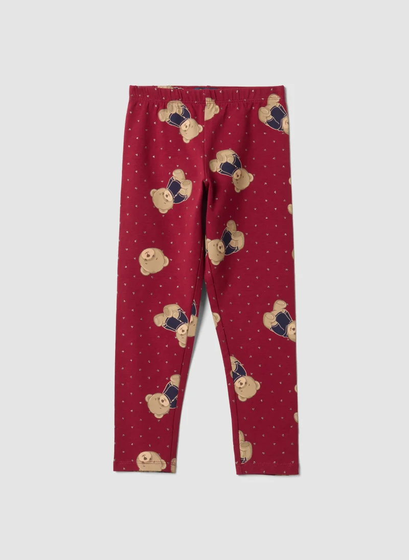 Ovs OVS Red Organic Stretch Cotton Leggings With Teddy Bear Print For Girls