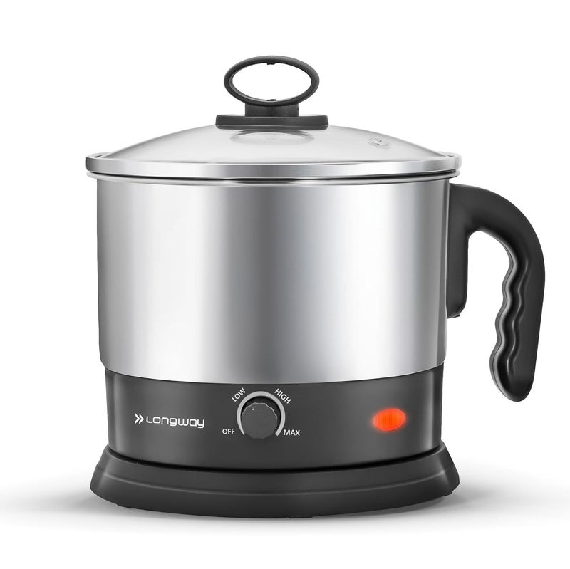 Longway Multipurpose Electric Kettle 15 litre 3 Heating Modes Stainless Steel Body with Glass Lid kettle for hot Water Milk Tea and Coffee Noodles Soup Rice Egg Boiling Black Silver - Image 1