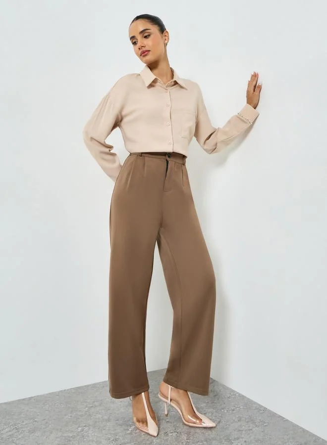 Styli Beige Embellished Cuff Buttoned Shirt