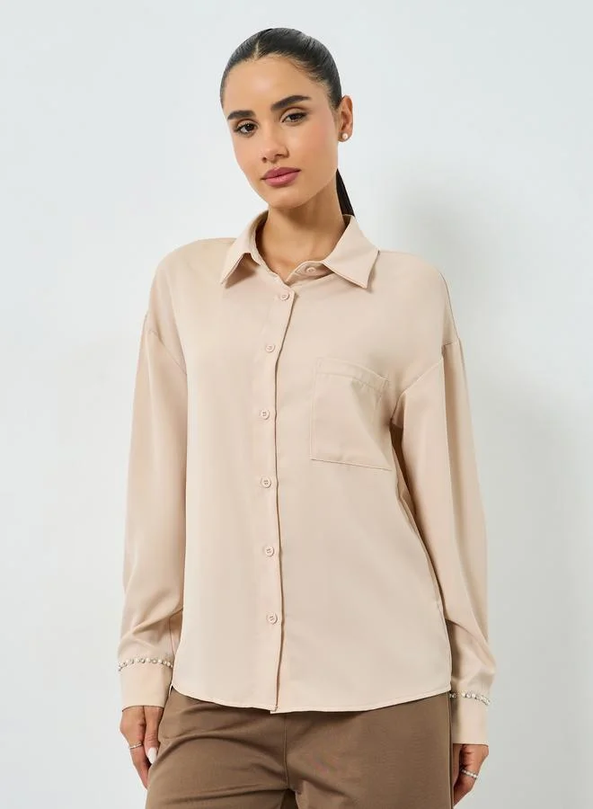 Styli Beige Embellished Cuff Buttoned Shirt