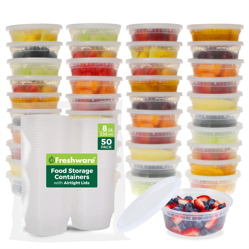 Freshware Food Storage Containers [50 Set] 8 oz Plastic Deli Containers with Lids, Slime, Soup, Meal Prep Containers | BPA Free | Stackable | Leakproof | Microwave/Dishwasher/Freezer Safe - Image 1