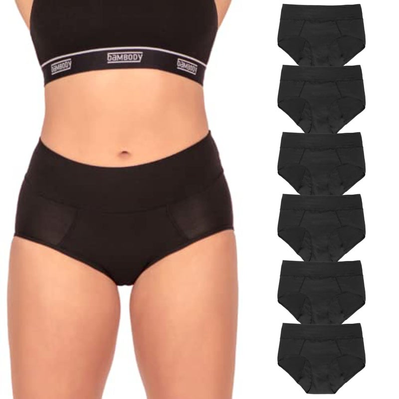 Bambody Absorbent Panties, Period Underwear for Women and Teens - All-Day Long - Overnight Protection- Postpartum, Leakproof - Large - 6 Pack: Black - Image 1